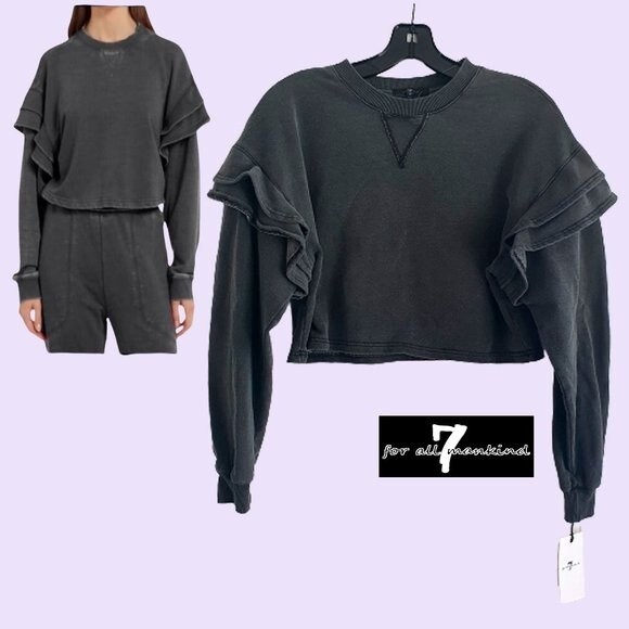7 FOR ALL MANKIND NEW Skater Ruffled Drop Shoulders Crop Sweatshirt XS - Picture 1 of 11